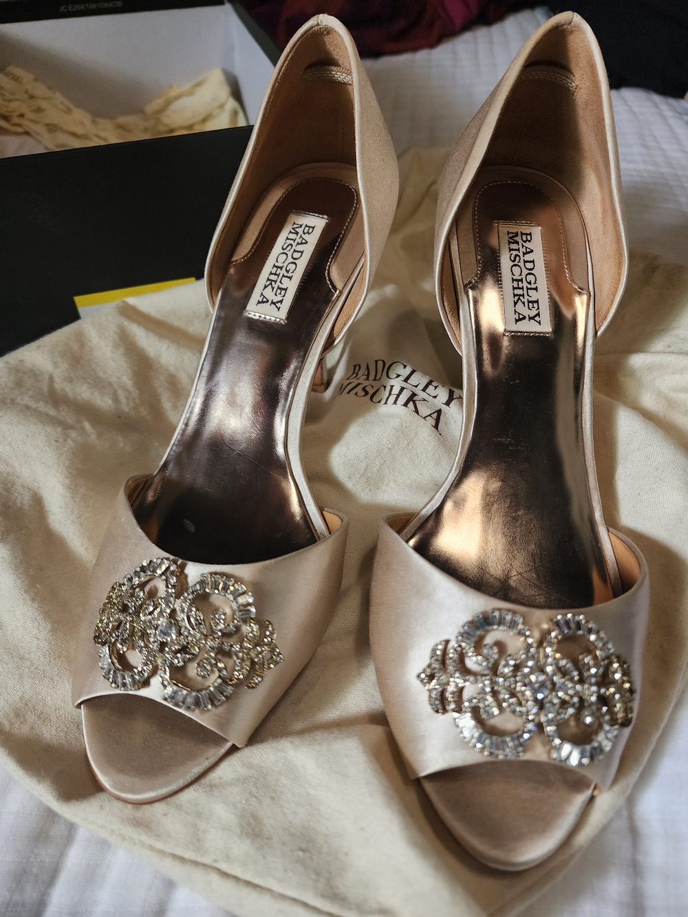 Badgley Mischka Women's Champagne Satin Peep-Toe Heels with Crystal Applique